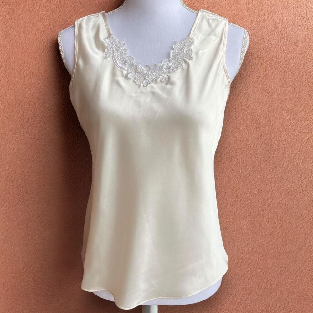 Vintage Silk-Like Lingerie Cream White Lace Elevated Basic Tank Top